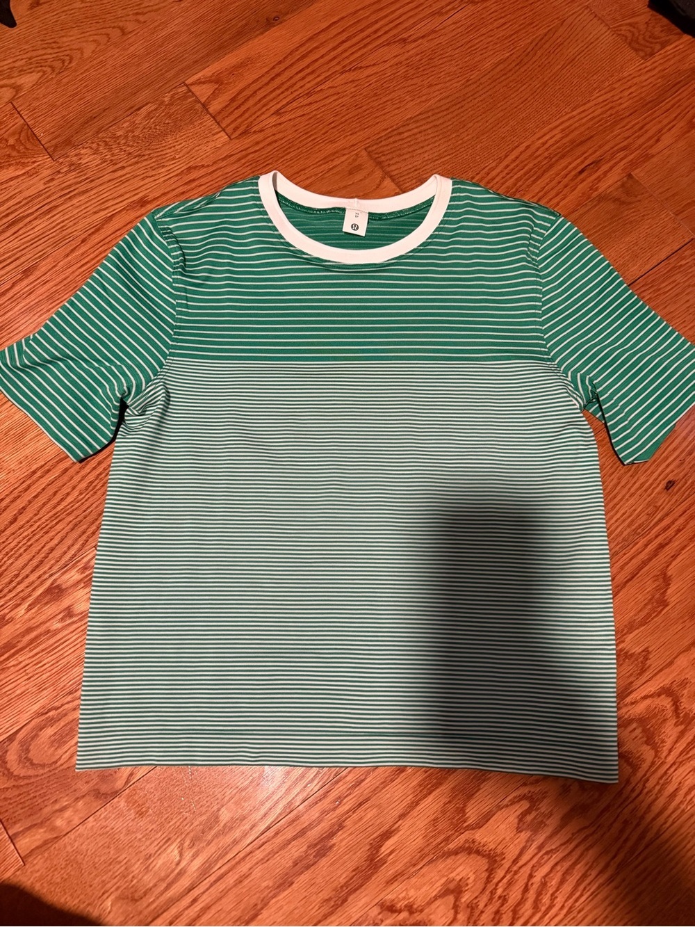 lululemon athletica Green Striped Short-Sleeve Tee with White Collar